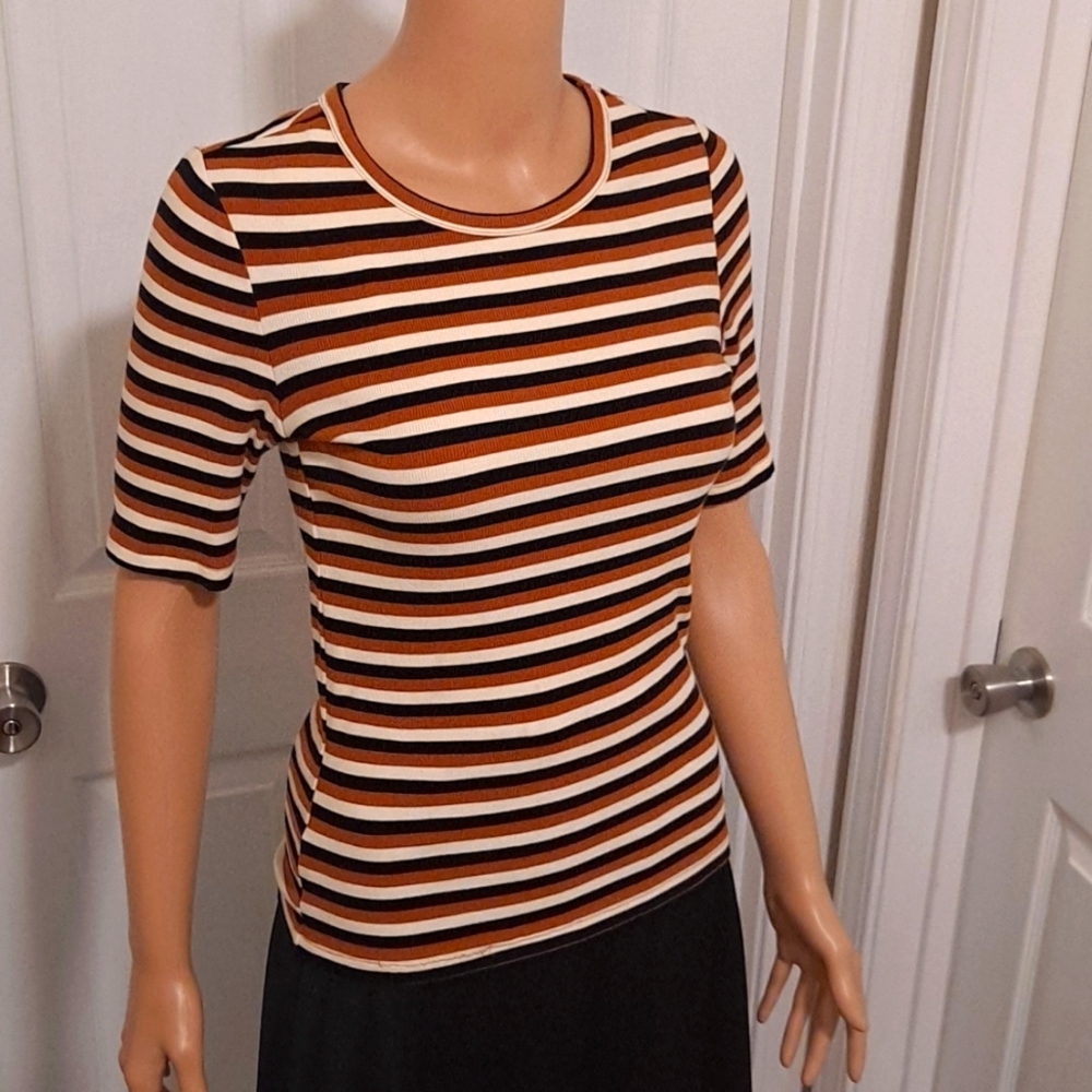Forever 21 Fitted Scoop Neck Tan, White and Black Striped Top Size L